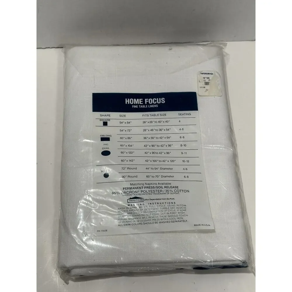 Home Focus Fine Linen Tablecloth White 60”x122” 15028 Oblong‎ Made USA Vintage
